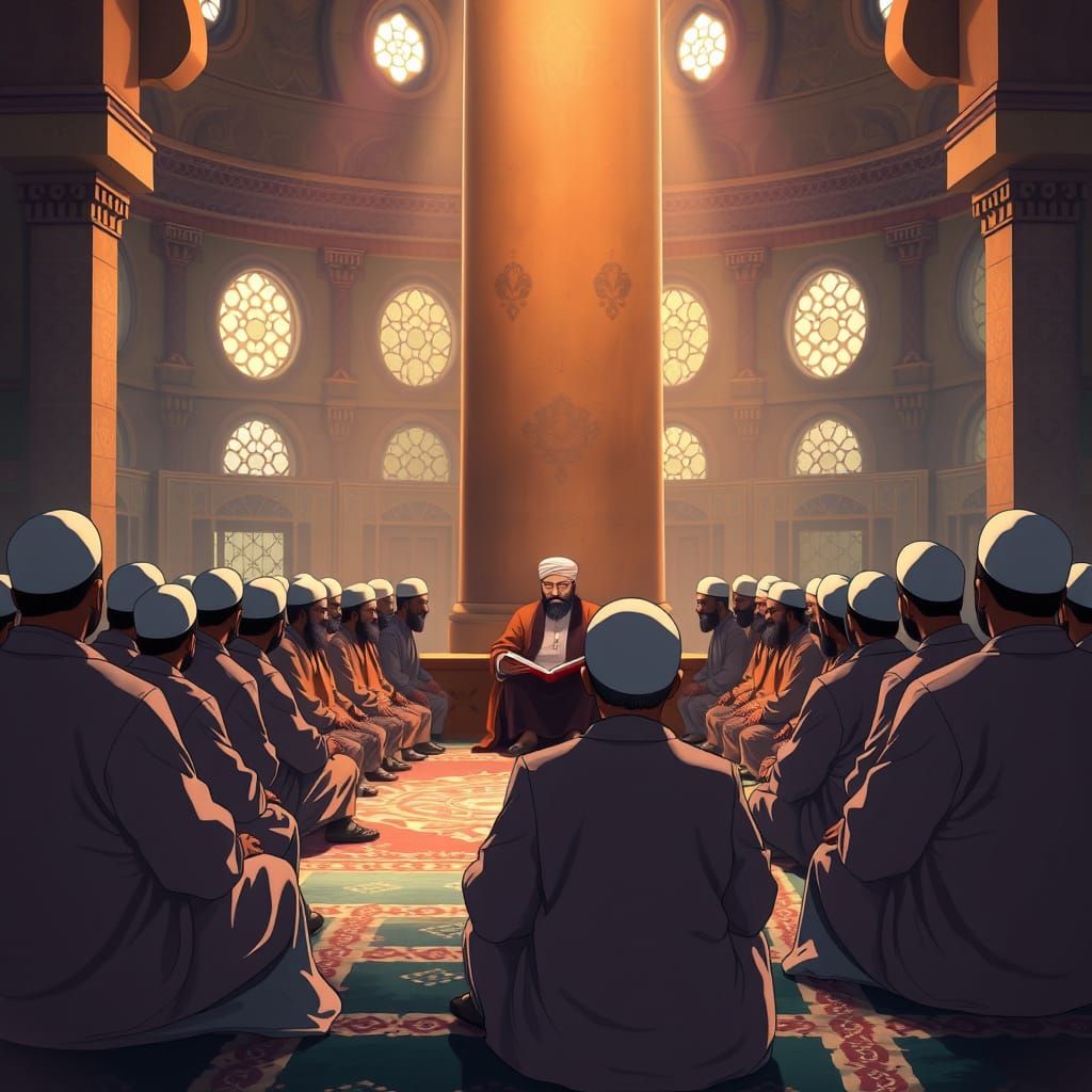 Whimsical Mosque Scene in Traditional Robes