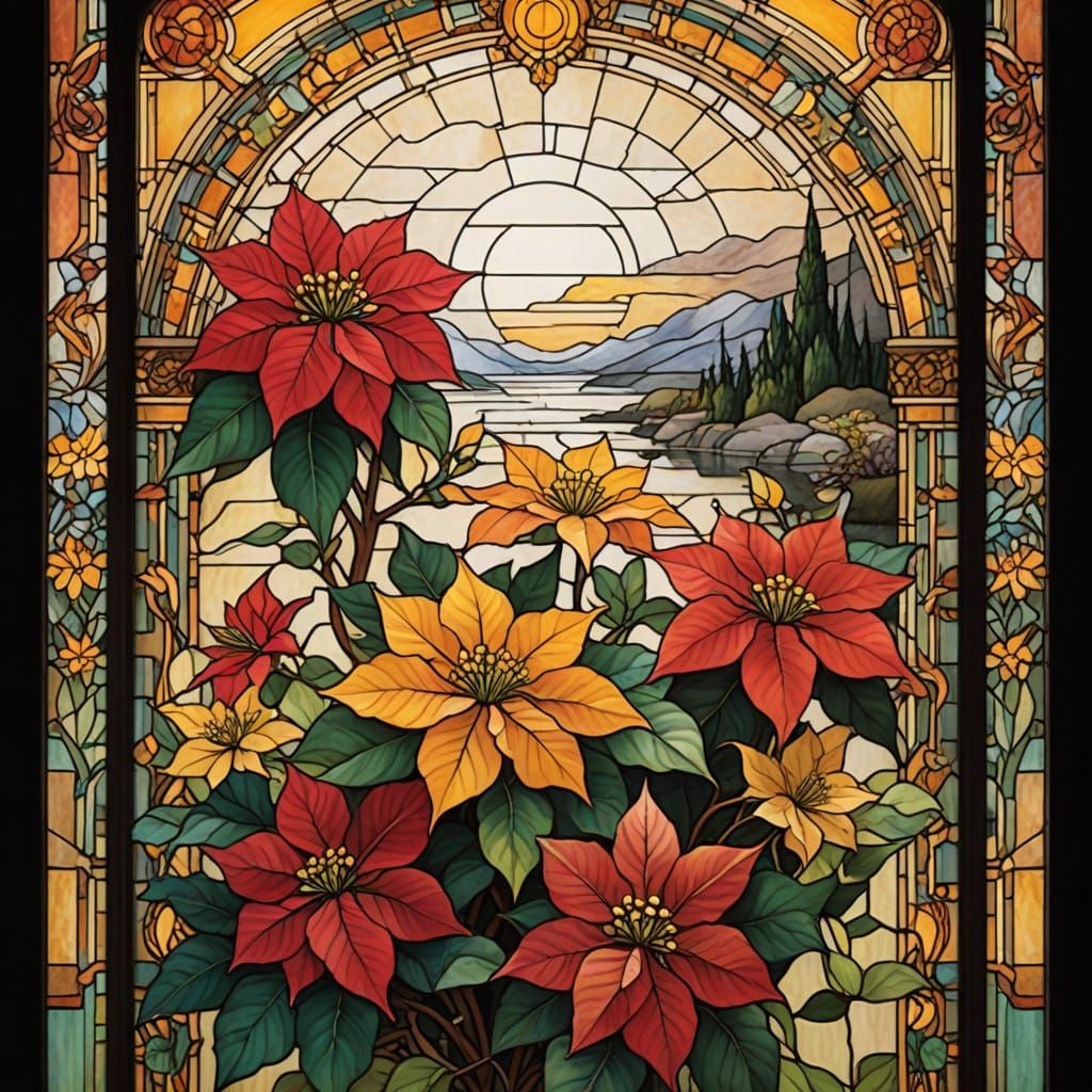 Vibrant Stained Glass Poinsettias in Art Deco Style