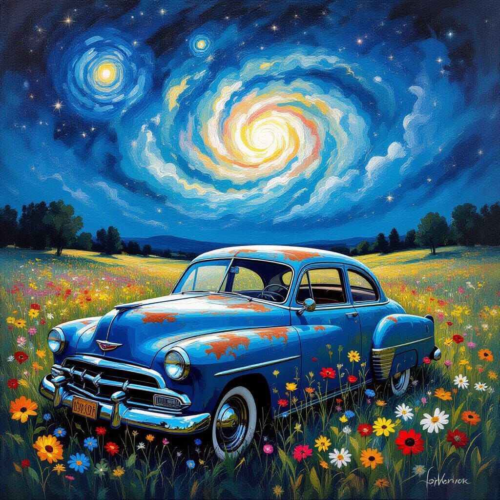 Abandoned Classic Car in Wildflower Meadow Under Nebula Sky