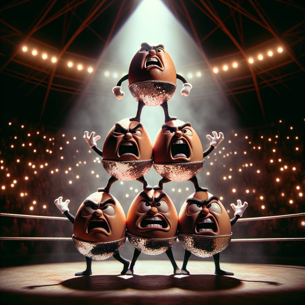 Angry Eggs Acrobatic Pyramid in Circus Spotlight