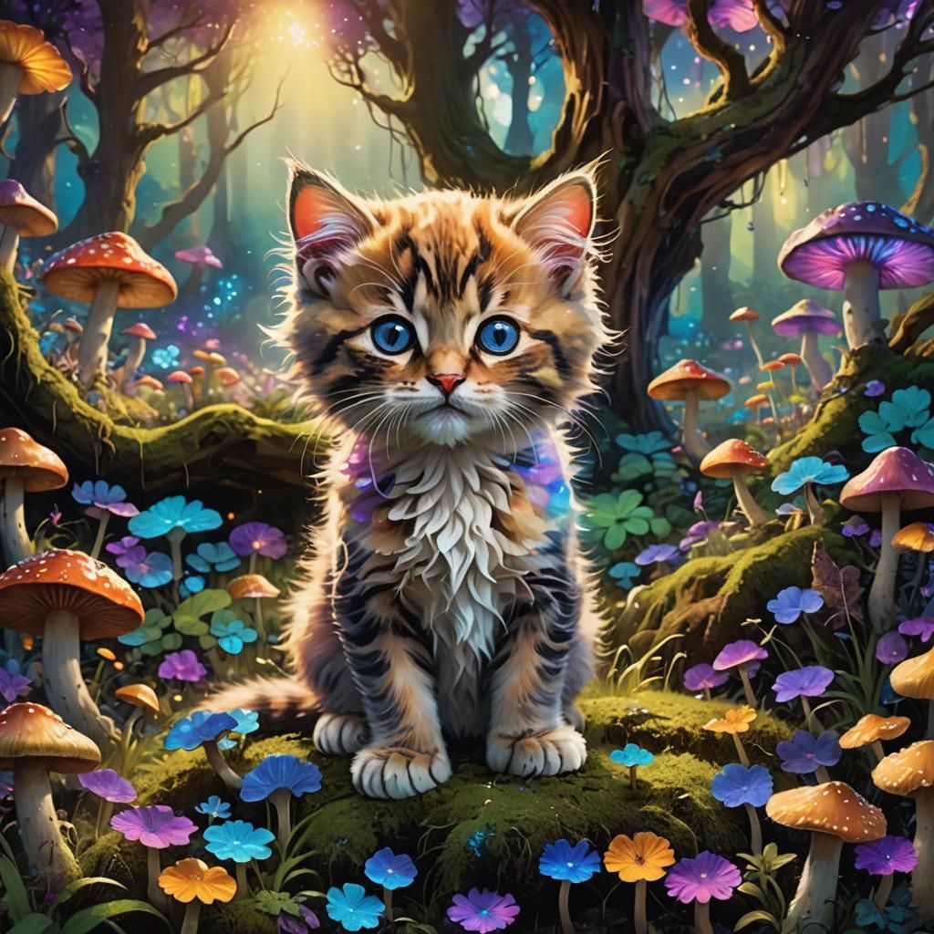 Lush Garden Kitten in a Fantasy Style