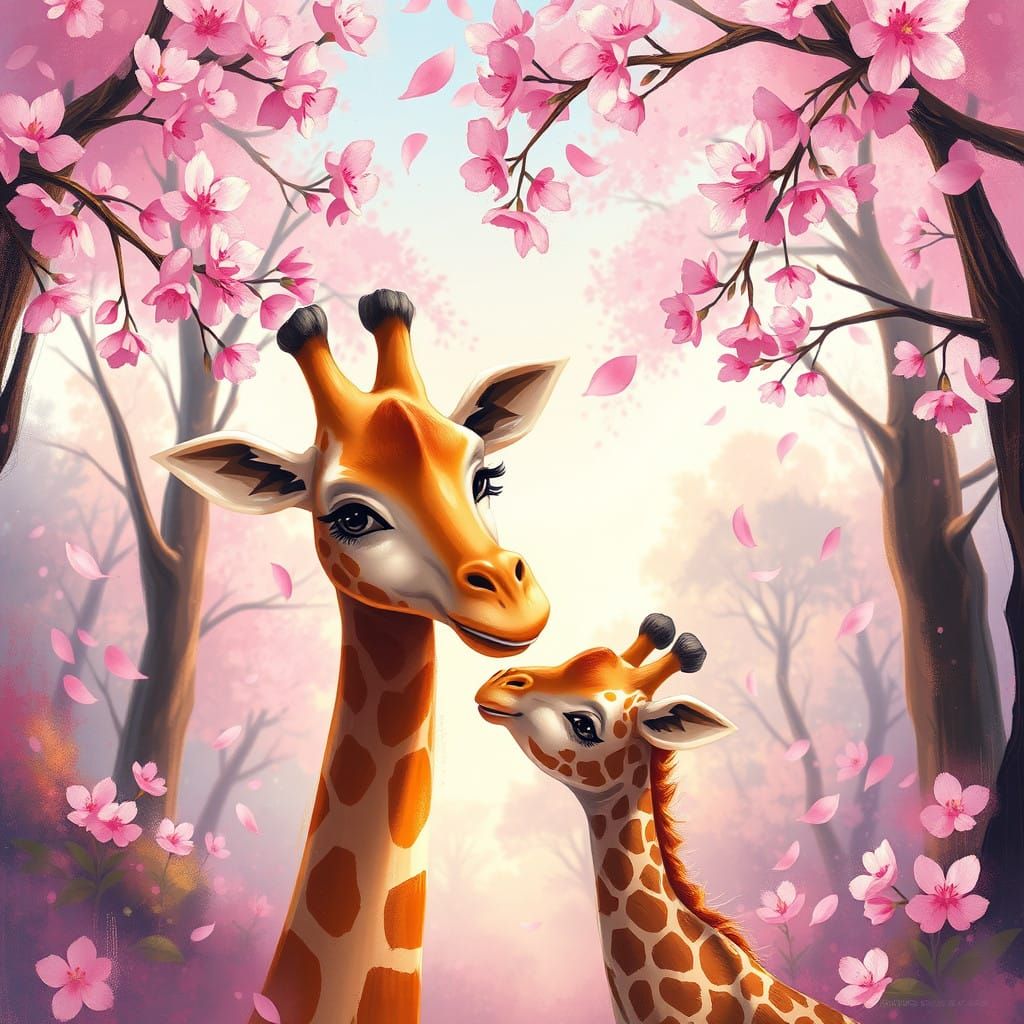 Whimsical Cherry Blossom Scene with Mother and Baby Giraffe