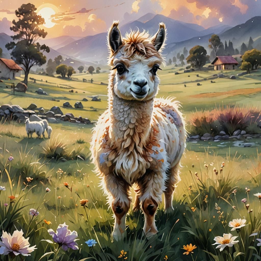 Chibi Llama in a Peruvian Pasture, Digital Watercolor