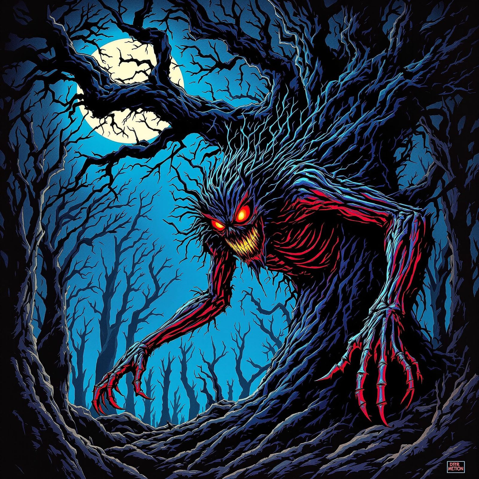 Eerie Demonic Figure Emerges from Forest Tree