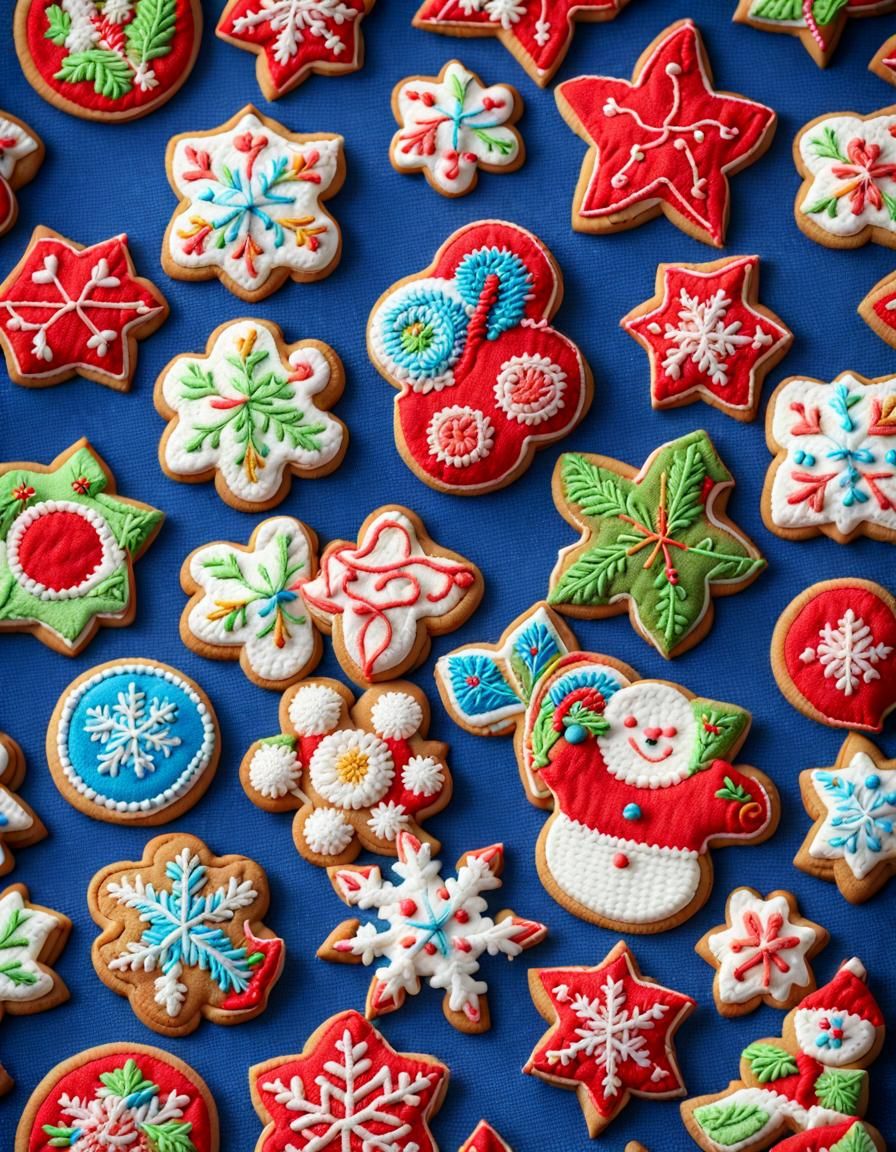 Vibrant Winter Cookies on Embroidered Fabric