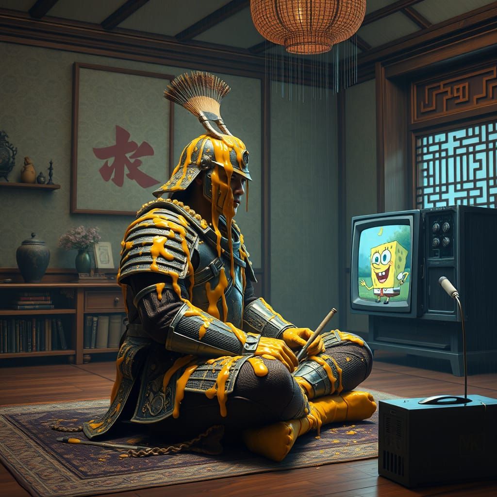 Surreal Warrior Watches Spongebob, Digital Art