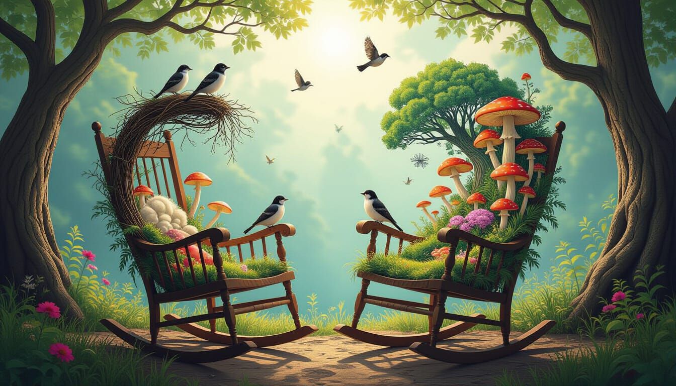 Dreamlike Rocking Chairs Entwined with Nature as Surrealcore...