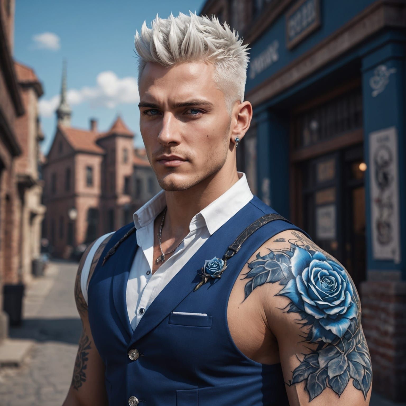 Handsome Man with Blue Rose Tattoo, Fantasy Art