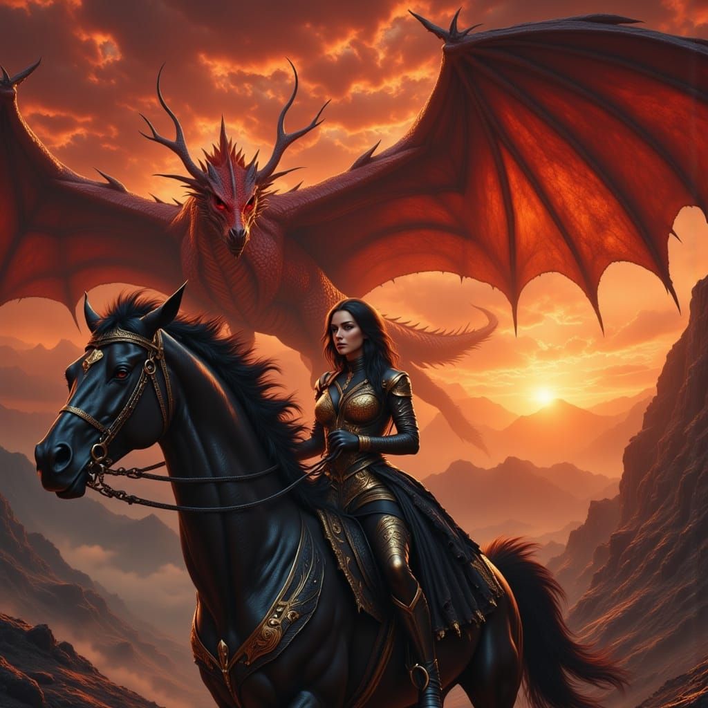 Dragon and Champion Guard Desolate Mountains Under Blood-Red...