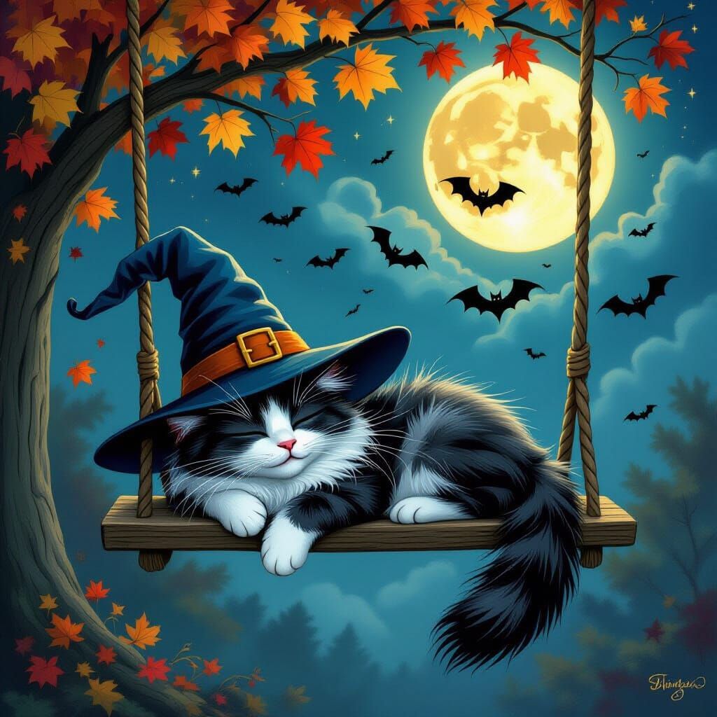 Mystical Cat in Witches Hat Sleeps Under Autumn Moonlit Sky