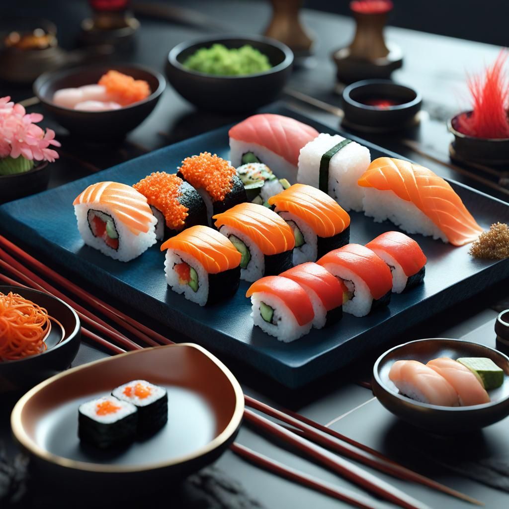 Detailed Sushi Matte Painting in Deep Color