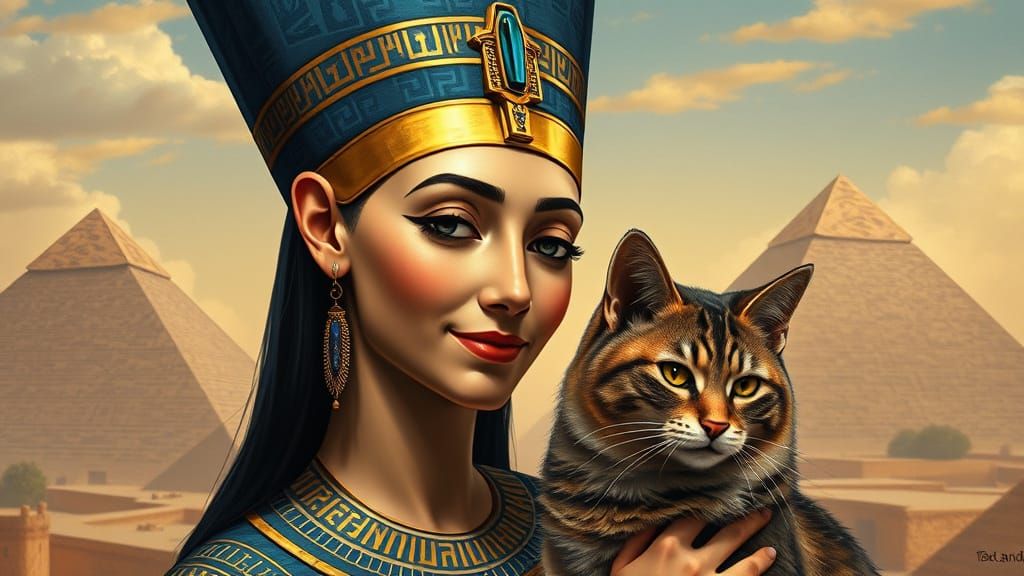Queen Nefertiti and Cat in Art Nouveau Style