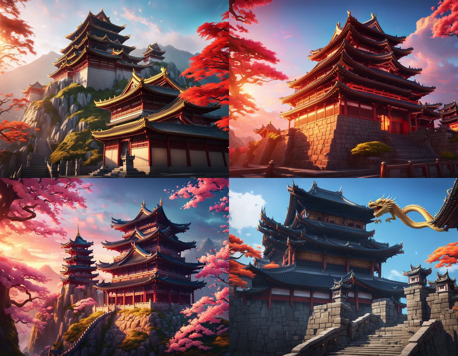 Chinese Dragon Encircling Japanese Castle in 3D Anime Style