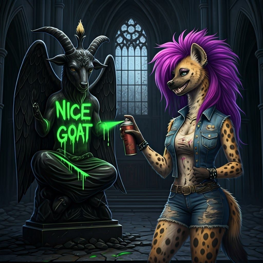 Cyberpunk Hyena Goddess Defaces Obsidian Statue