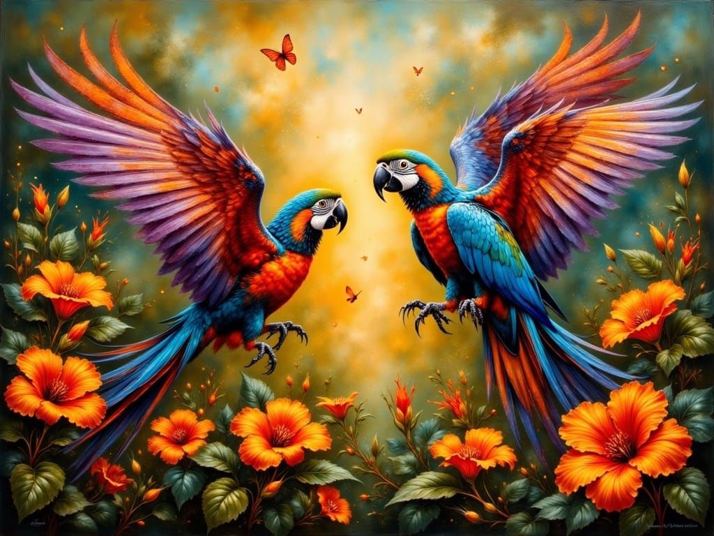 Vibrant Parrots Dance Amidst a Golden Hibiscus Explosion