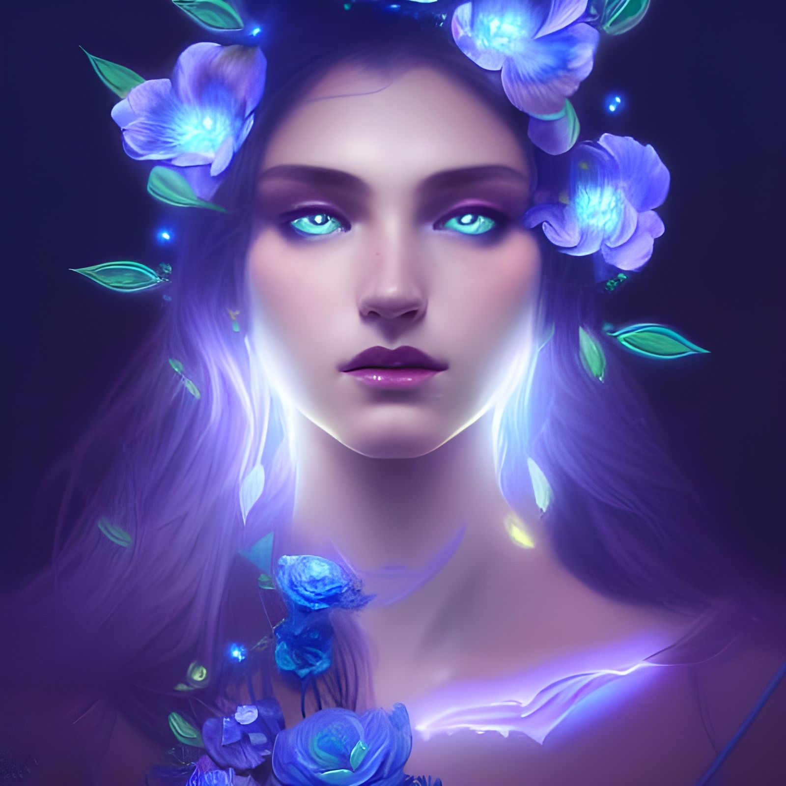 Neon Moonlight Flower Goddess in Cyberpunk Style