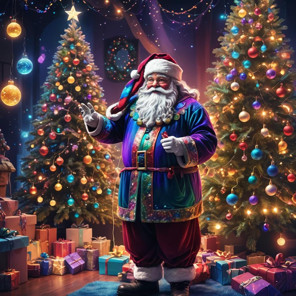 Rainbow Santa Claus by Christmas Tree
