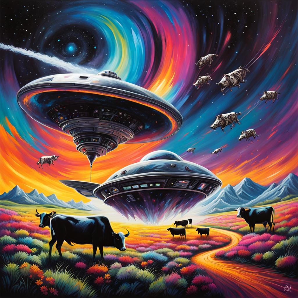 Spaceship and Cows Enter Black Hole in Graffiti Art