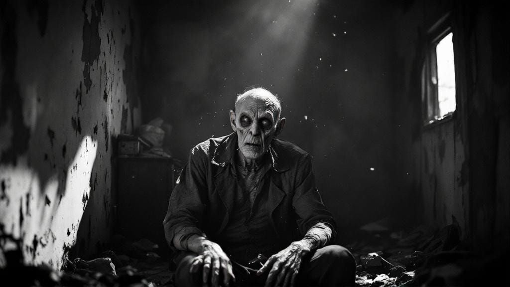 Eerie 1940s Photograph of Gaunt Man in Decaying Trailer