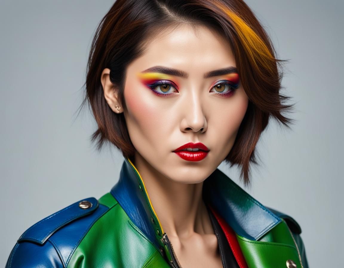 Beautiful Japanese Woman in Glossy Leather Jacket