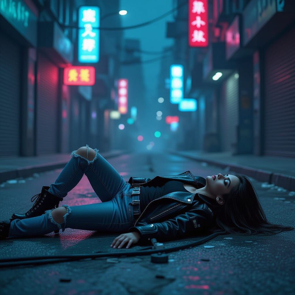 Cyberpunk Girl Out Cold on Neon-Lit Street