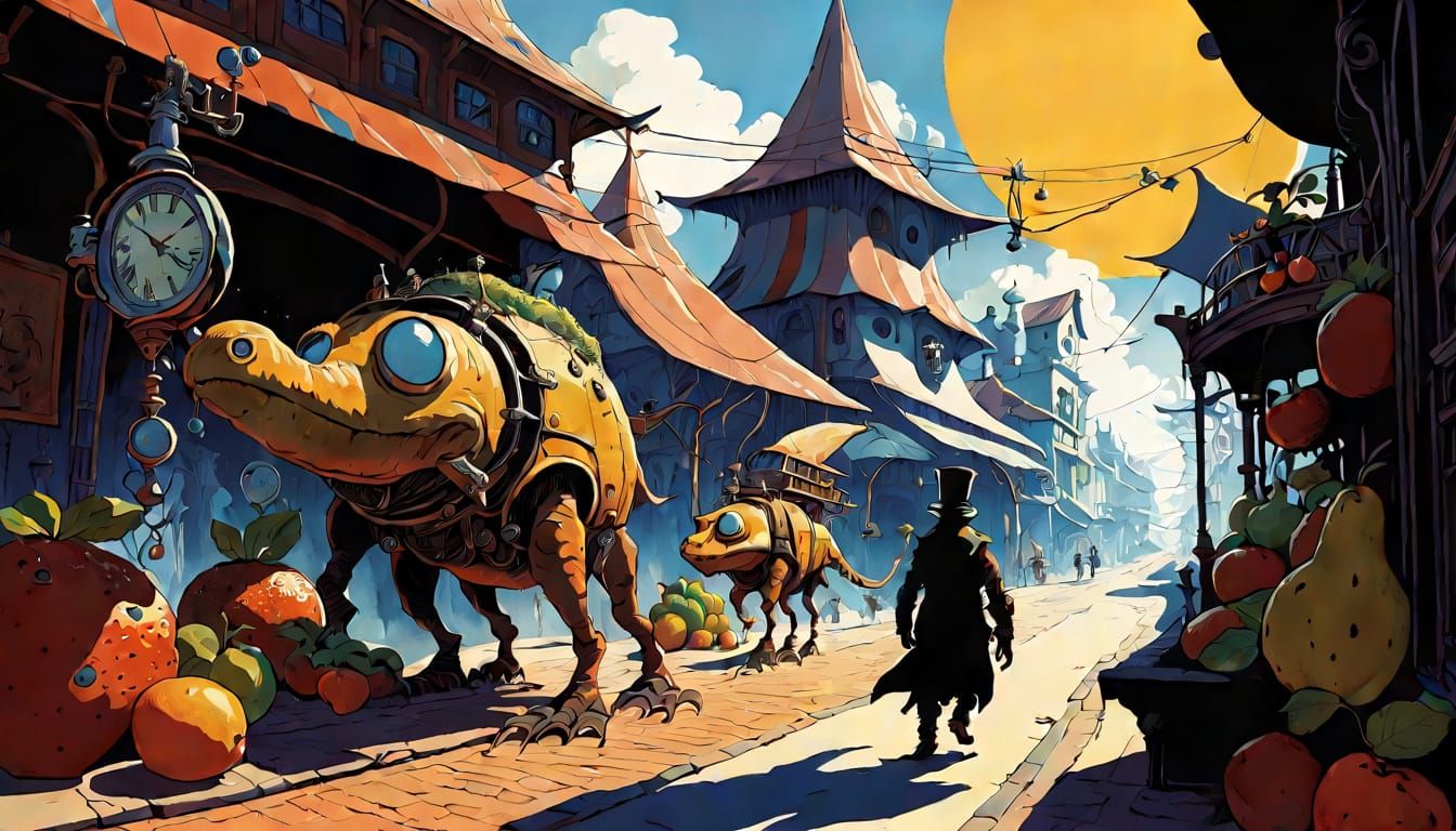 Fantastical Street Scene in Whimsical Style