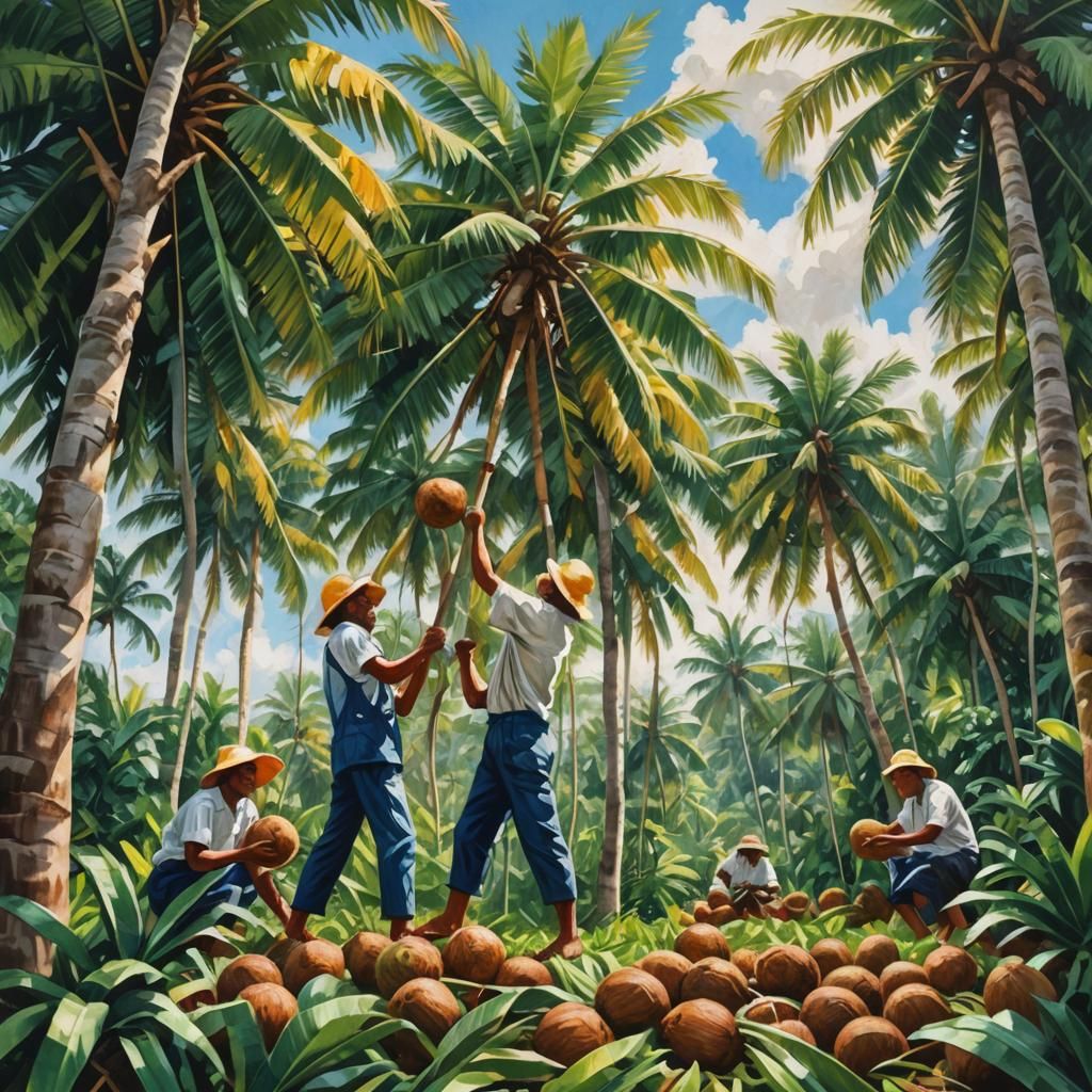 Coconut Harvest: Gouache Painting with Impasto Brushstrokes