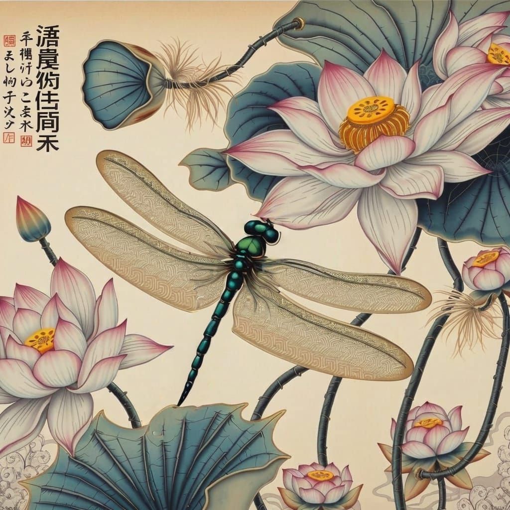 Dragonfly in Tang Garment Amidst Lotuses, Watercolor Style