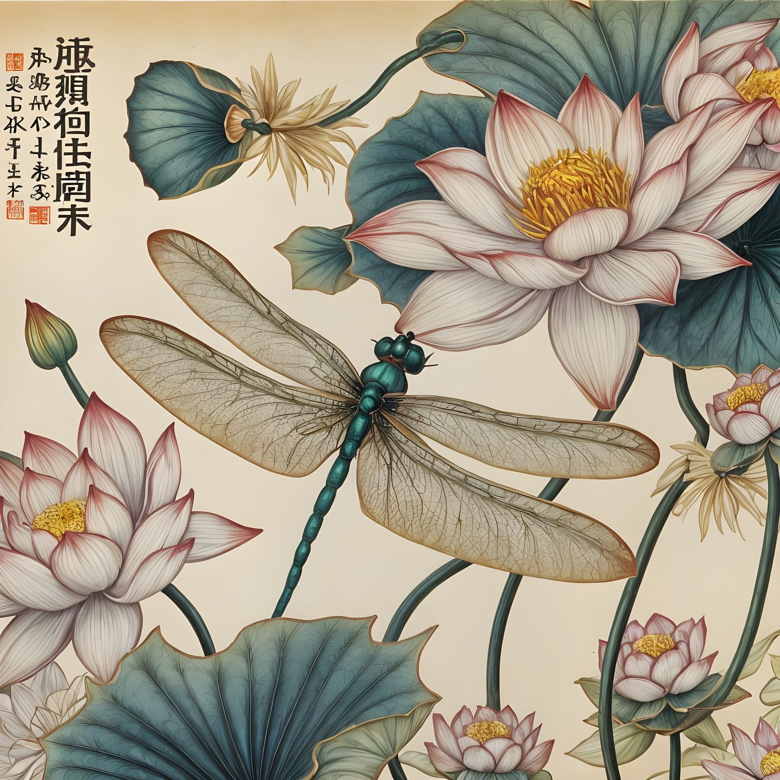 Dragonfly in Tang Garment Among Lotuses: Chinese Art