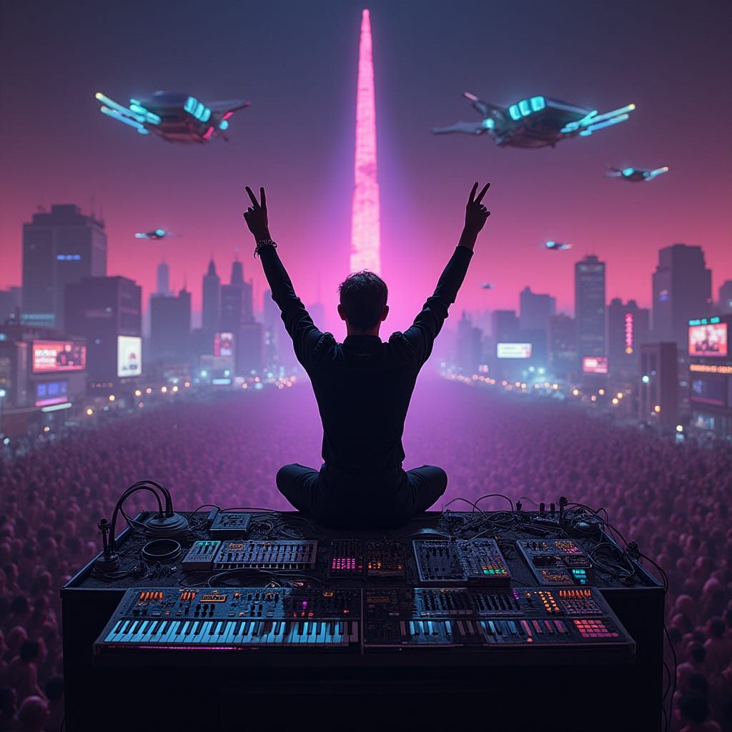 Cyberpunk Musician Celebrates Victory Amidst Futuristic City...