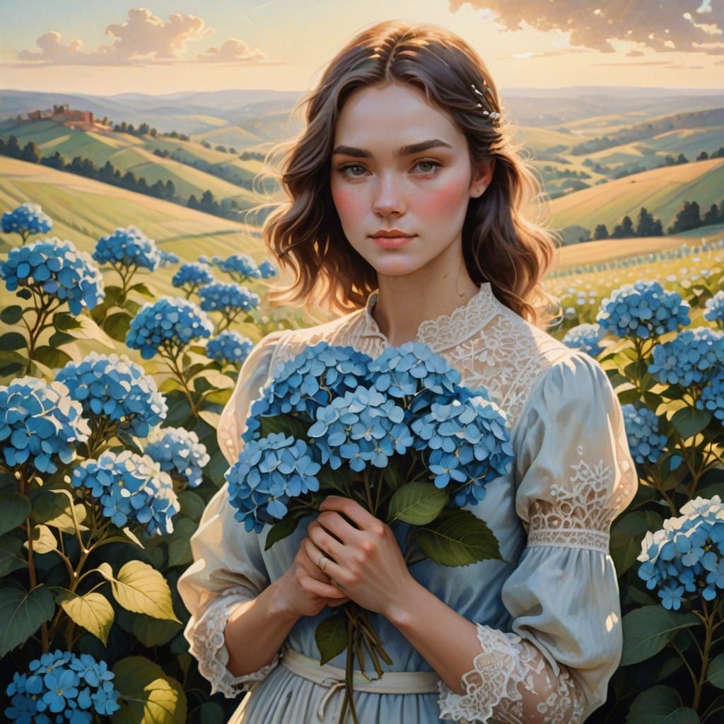 Romantic Realism: Woman with Hydrangeas in Watercolor Style
