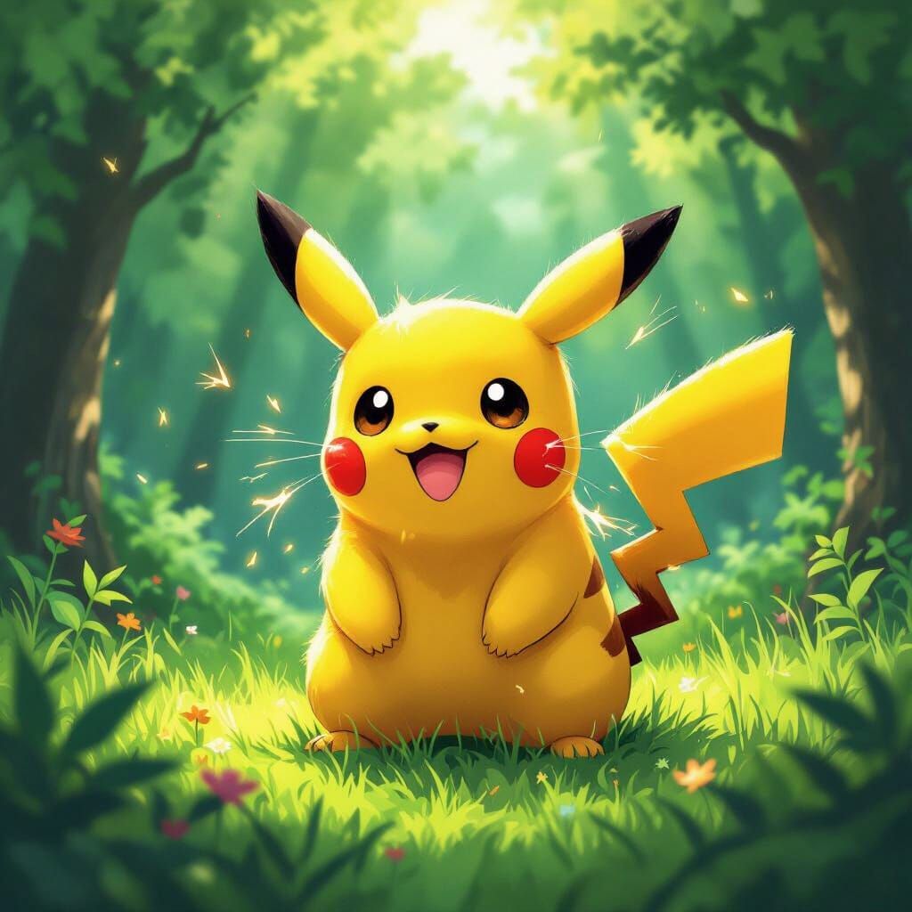 Pikachu in a Sunlit Forest Clearing