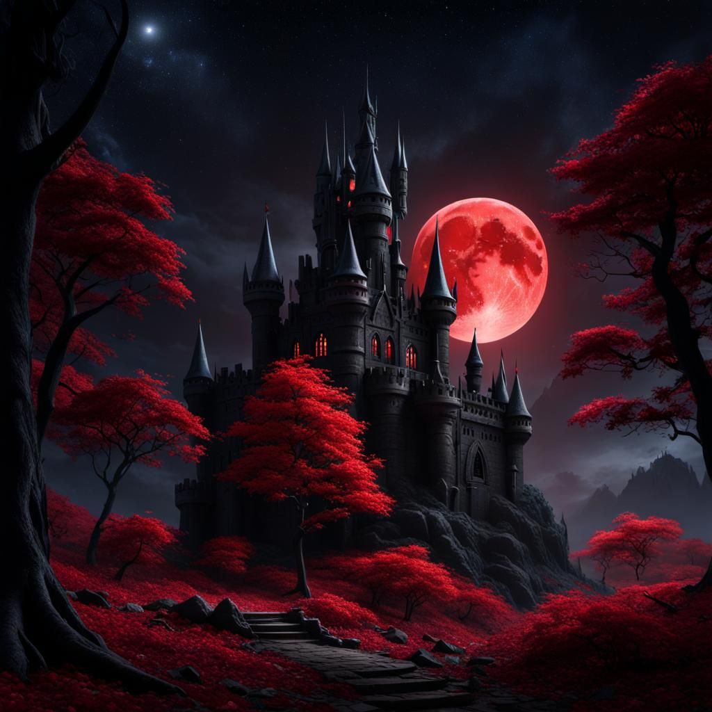 Dark castle under red moon.