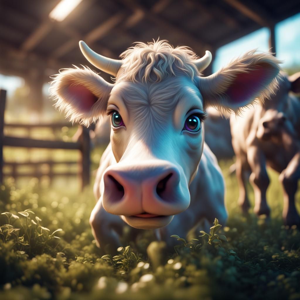 Holographic Cow Doing Farm Chores: 3D Digital Art