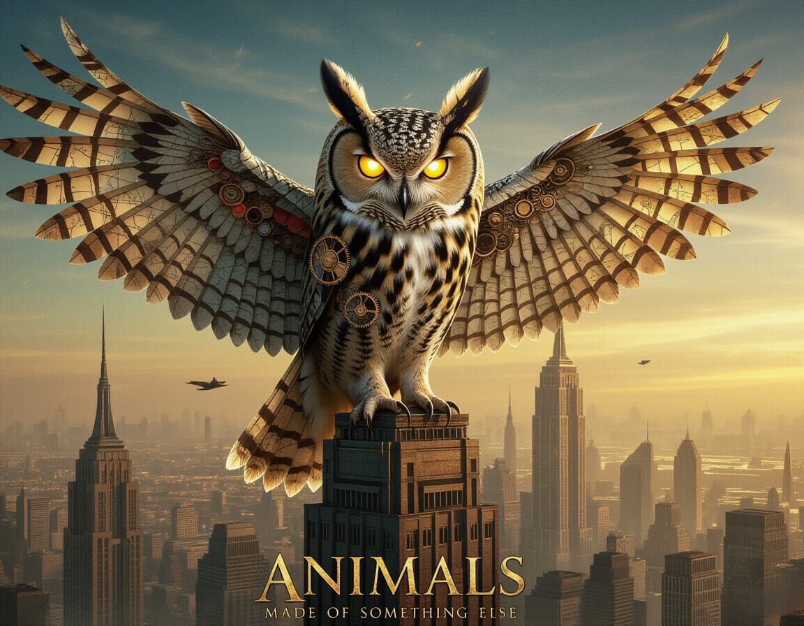 Dieselpunk Clockwork Owl Perched on Skyscraper