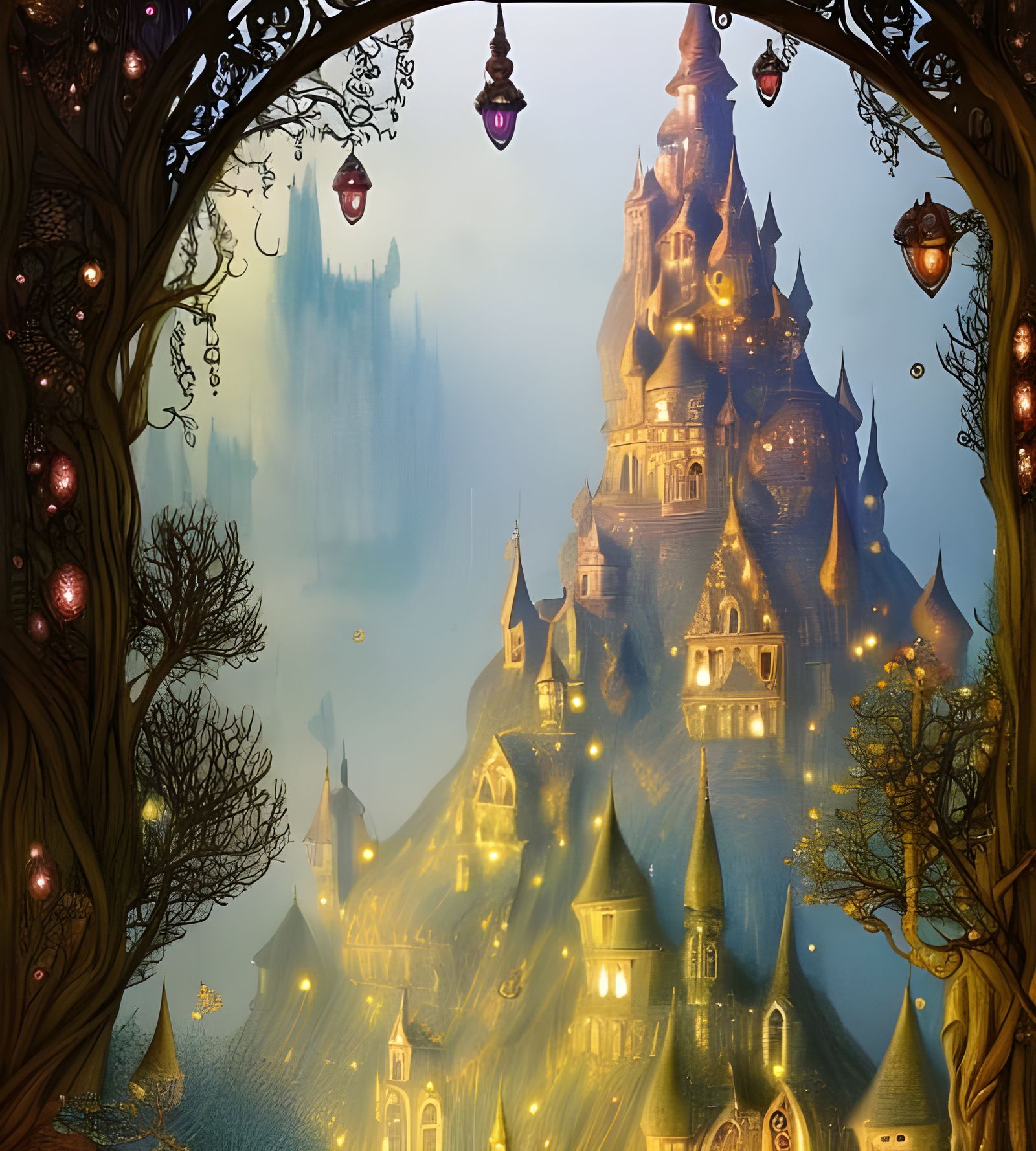 Fairytale Village with Princess Castle: Digital Illustration