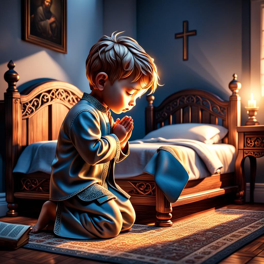 Toddler's Bedside Prayer in Vivid 3D Rendering