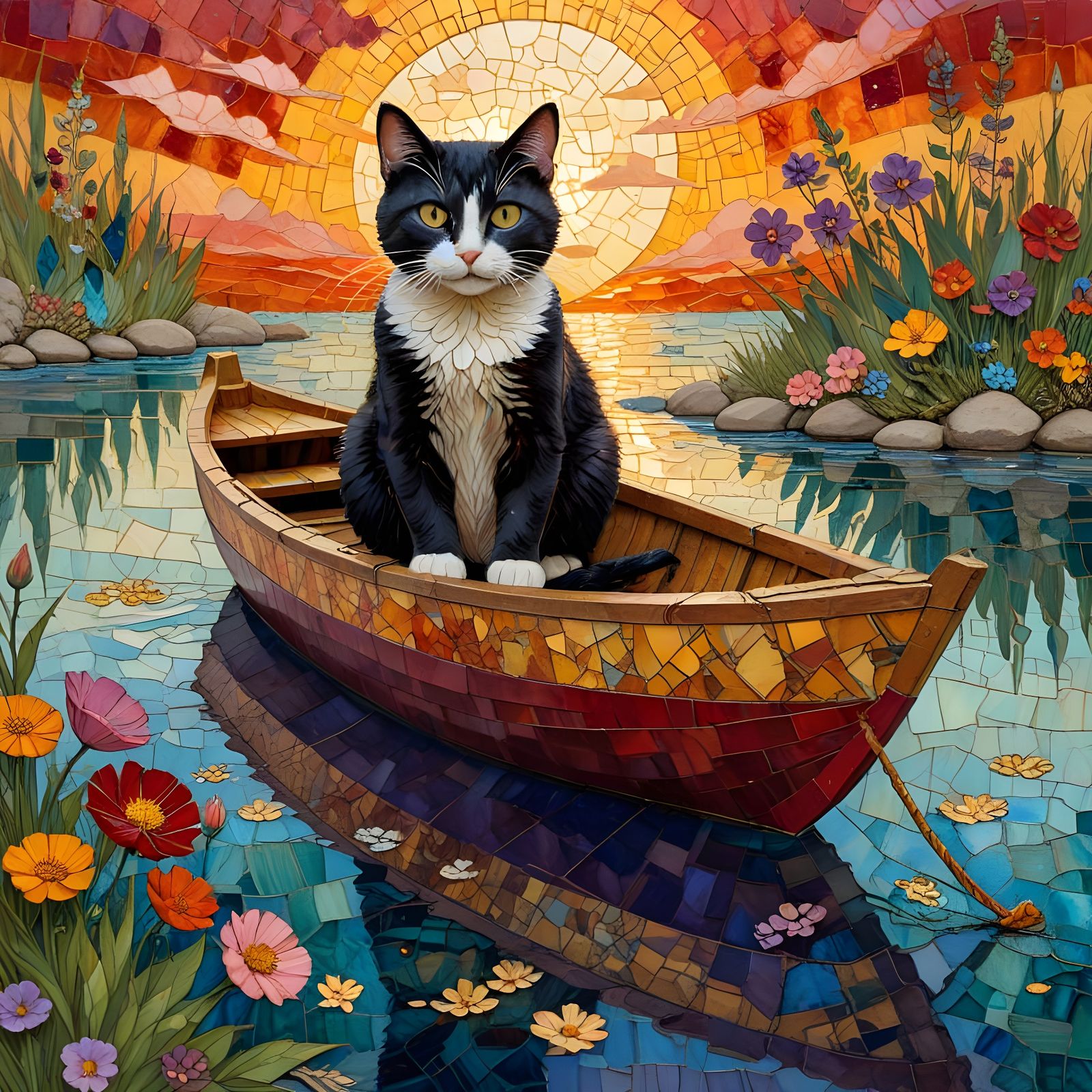 Whimsical Feline Voyage Under Sunset Hues