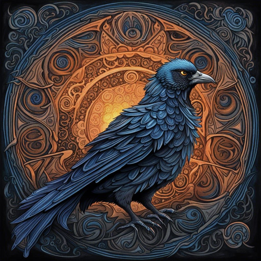 Black Bird on Full Moon in Ink Flow Style