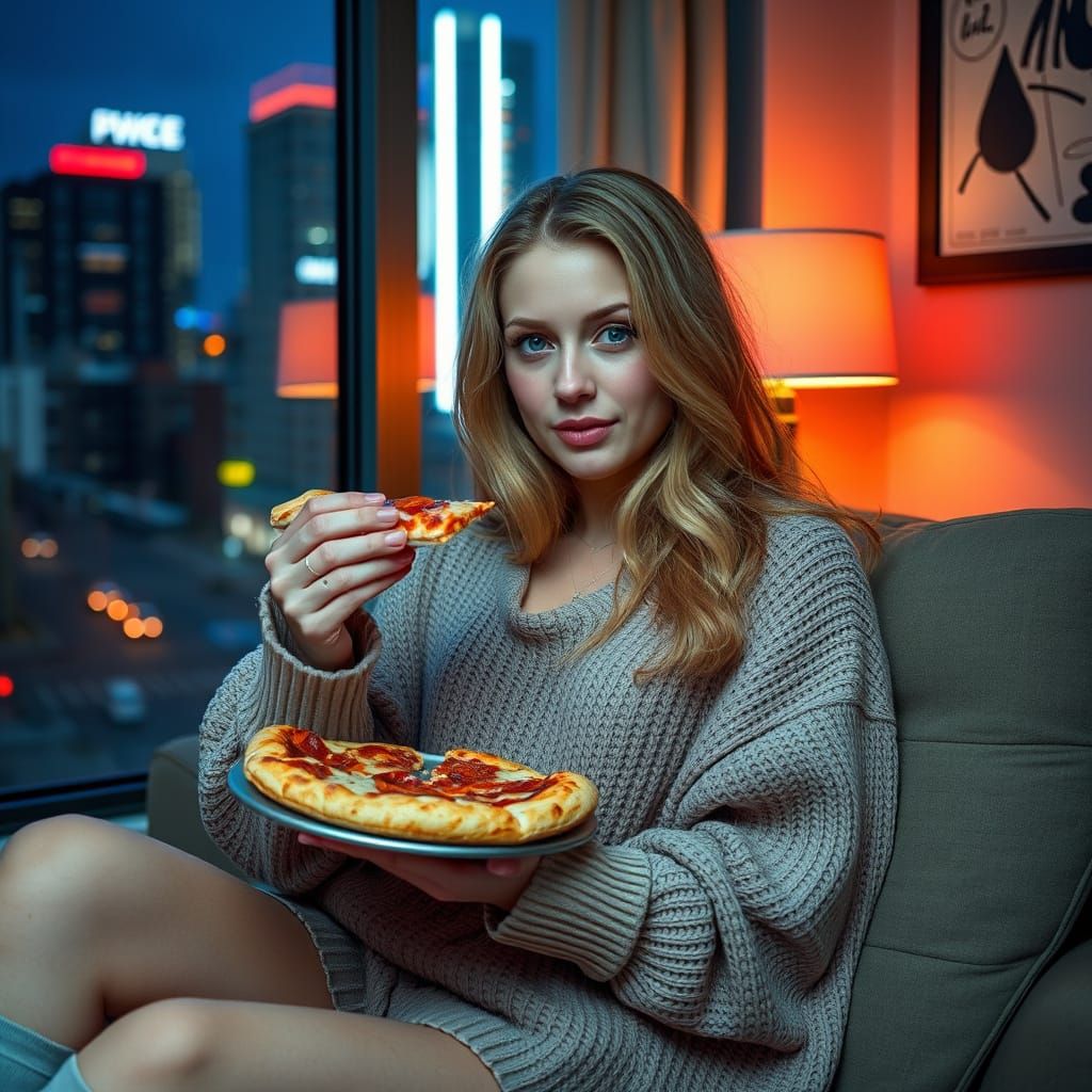 Freckled Blonde Relaxing in City Apartment with Neon Lights
