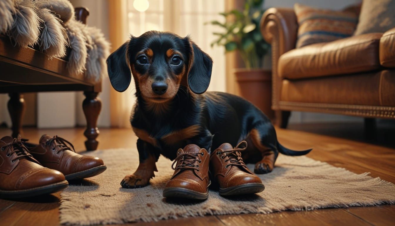 Dachshund Puppy Plays With Shoe in Mixed Media Collage