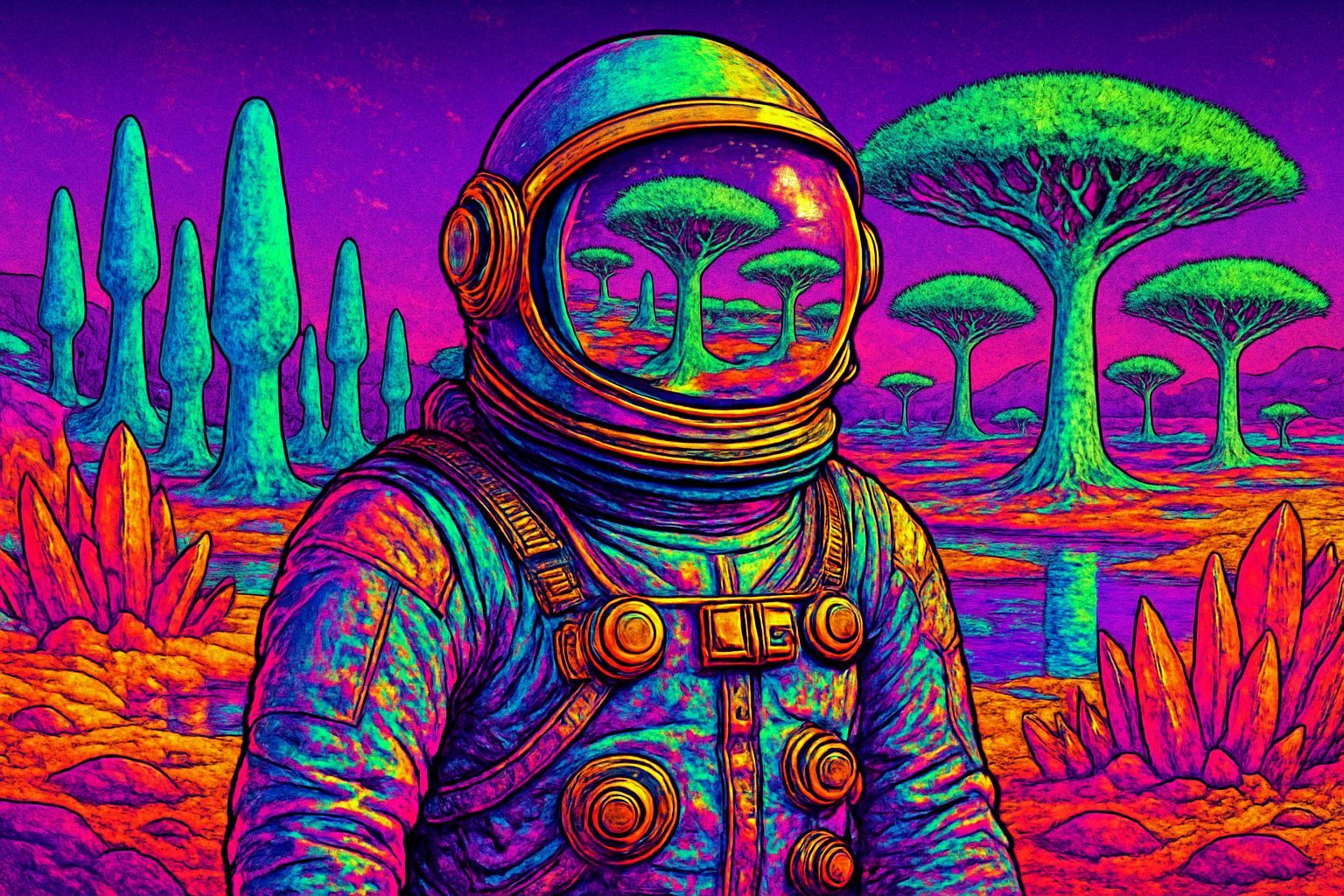 Psychedelic Cosmonaut on Alien Crystal World