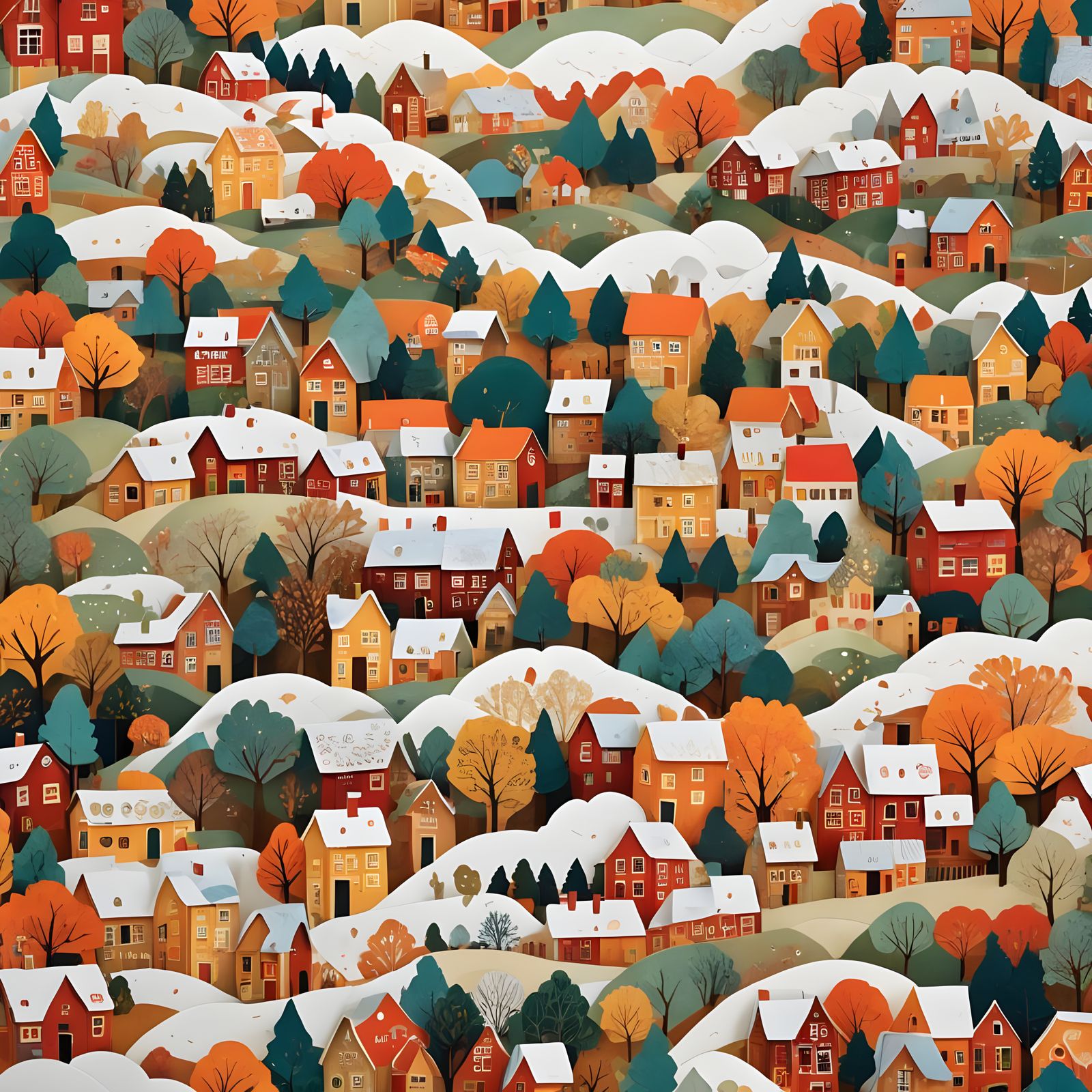 Festive Autumn Paper Collage Village Art