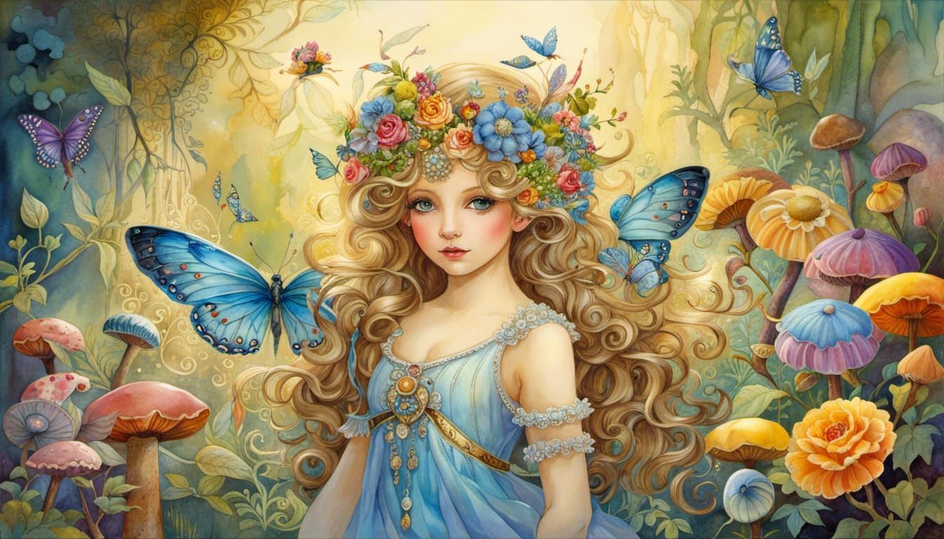 Fairy in Golden Forest: Watercolor Shabby Chic Style