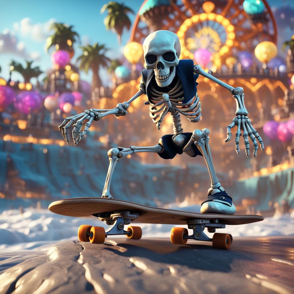 Punk Rock Skeleton Shreds Wave in 3D Carnival Scene
