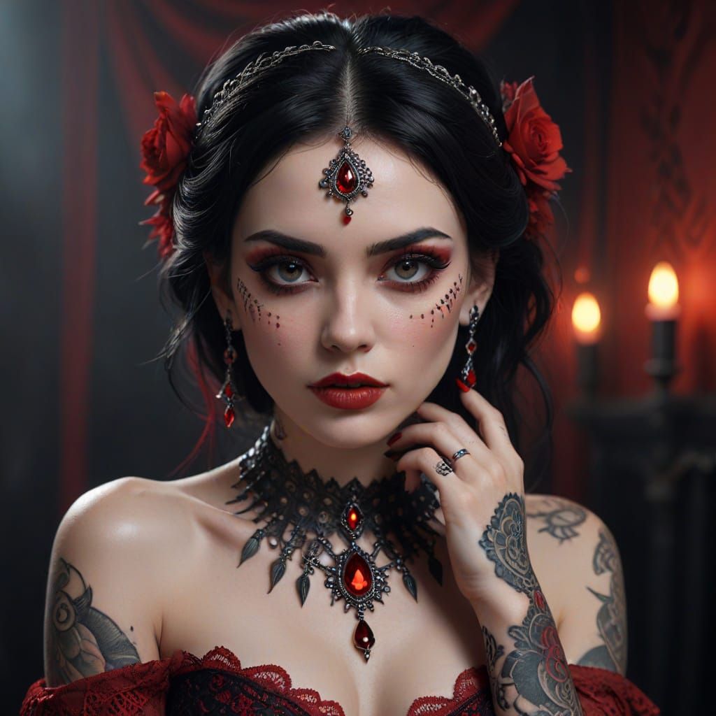 Mystical Woman with Red Gems and Intricate Tattoos