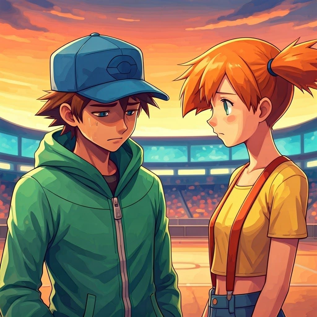 Pokémon Trainer Apologizing at Dusk in Watercolor Style