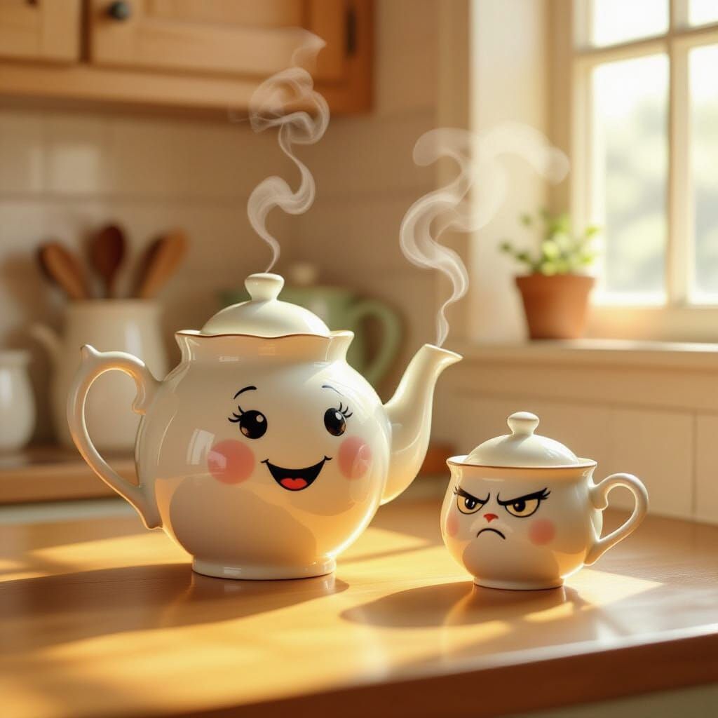 Whimsical Teapot and Sugar Bowl on Sunny Counter