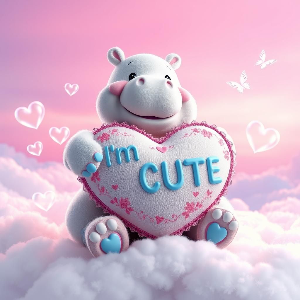 Fluffy Hippo Bear on Cloud in 3D Digital Art