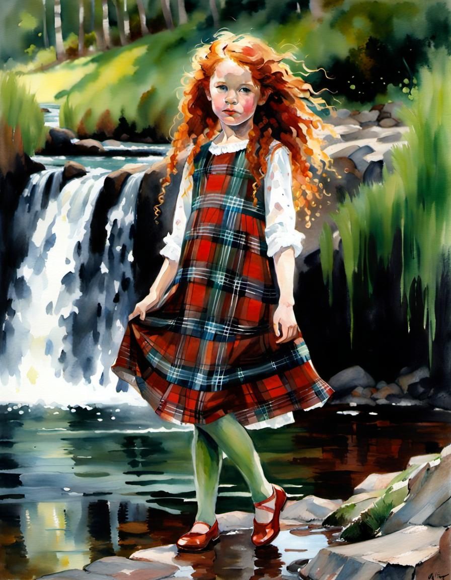 Scottish Girl at Waterfall in Watercolor Style
